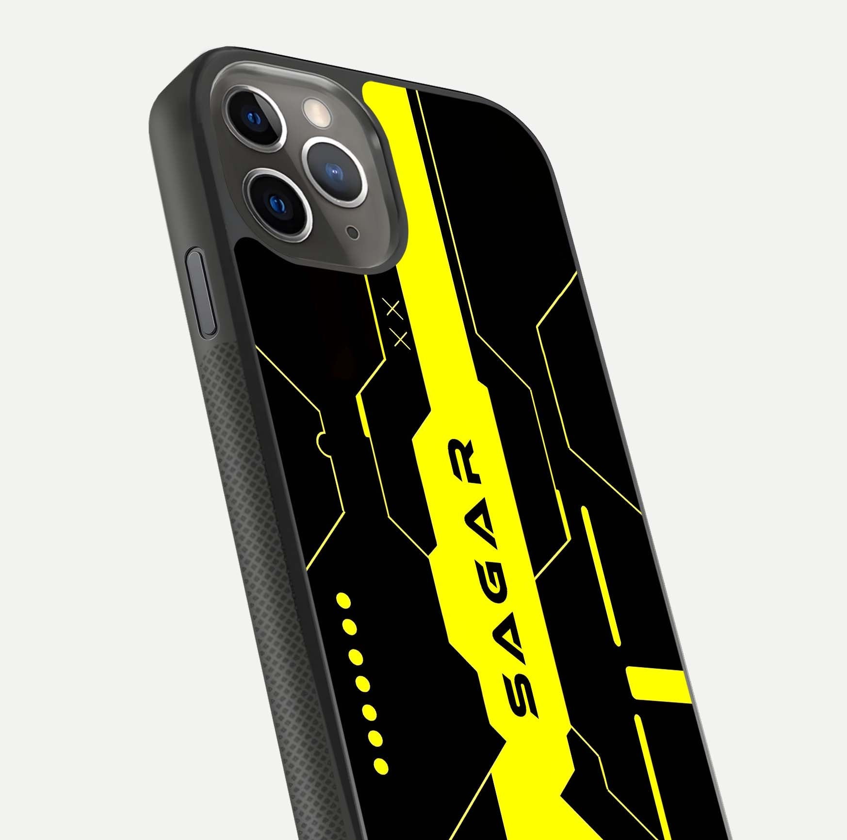 Neon CYBERPUNK Custom Name Glass Case for iPhone 11 Pro Max side-angle image showing glow depth and bold print