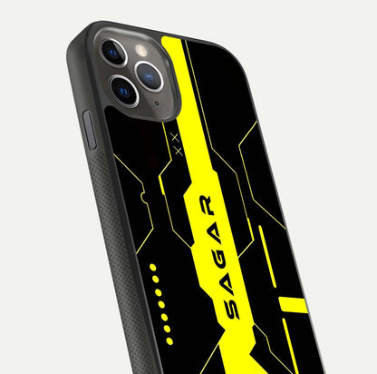 Neon CYBERPUNK Custom Name Glass Case for iPhone 11 Pro Max side-angle image showing glow depth and bold print