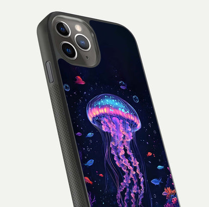 Neon Jellyfish Glass Case for iPhone 11 Pro Max side-angle image showing reflection and oceanic light detailing