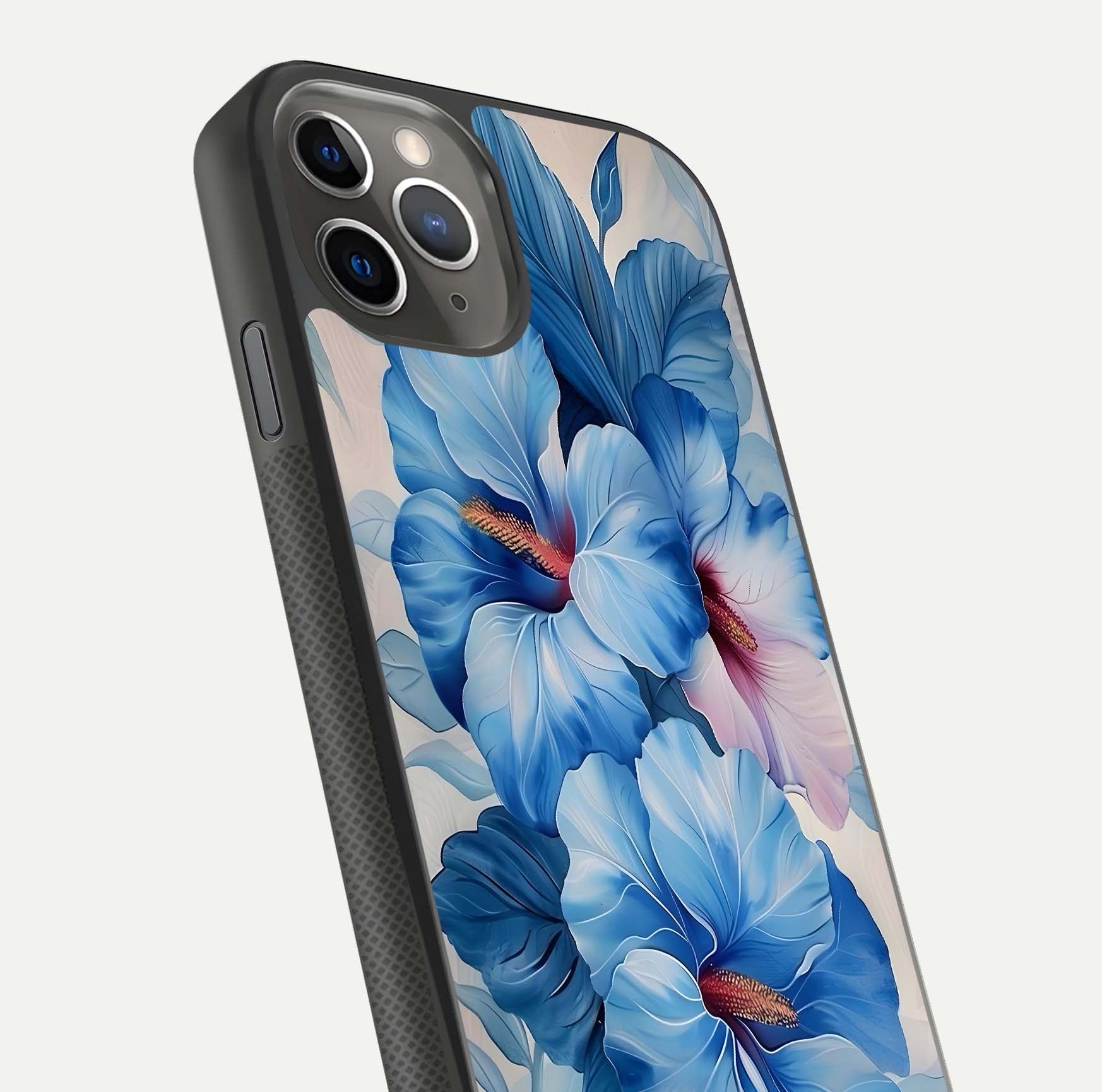 Ocean Hibiscus Grace Glass Case for iPhone 11 Pro Max side-angle image showing smooth texture and hibiscus details