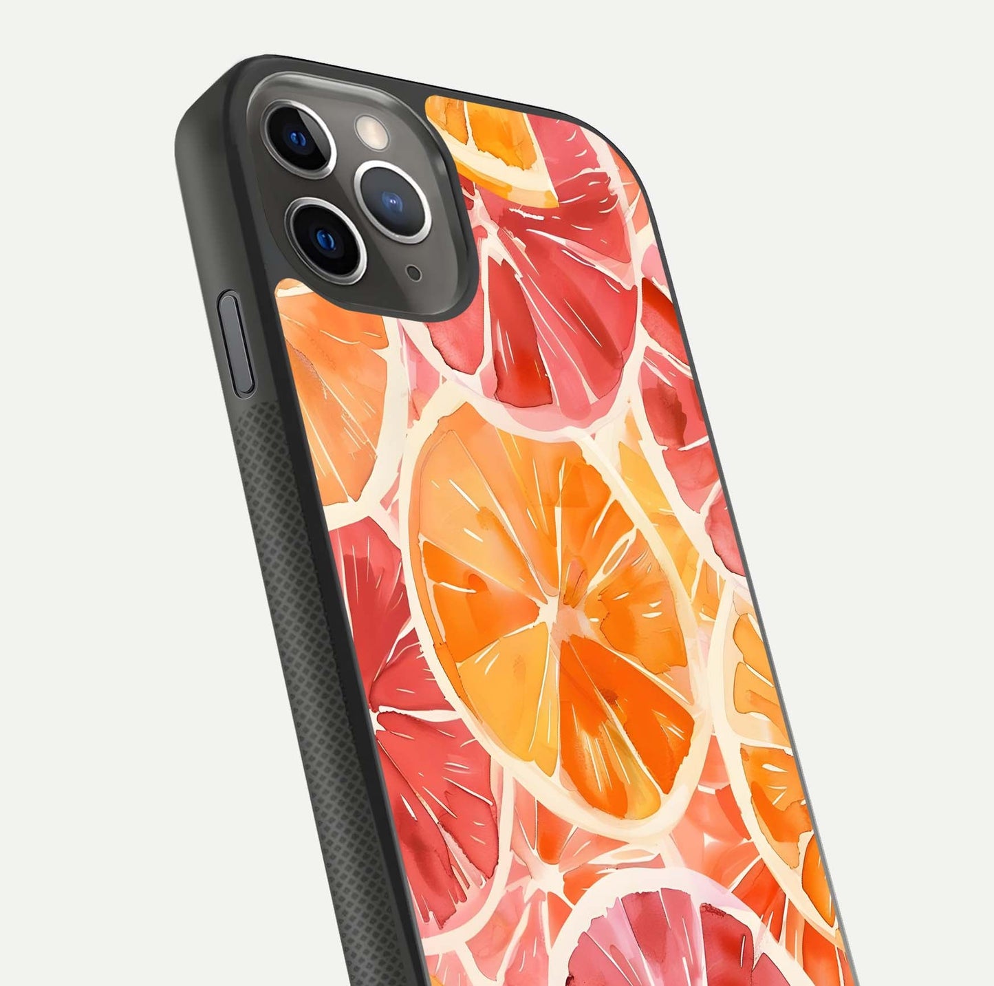 Orange Fruits Pattern Glass Case for iPhone 11 Pro Max side-angle image showing glossy shine and citrus pattern