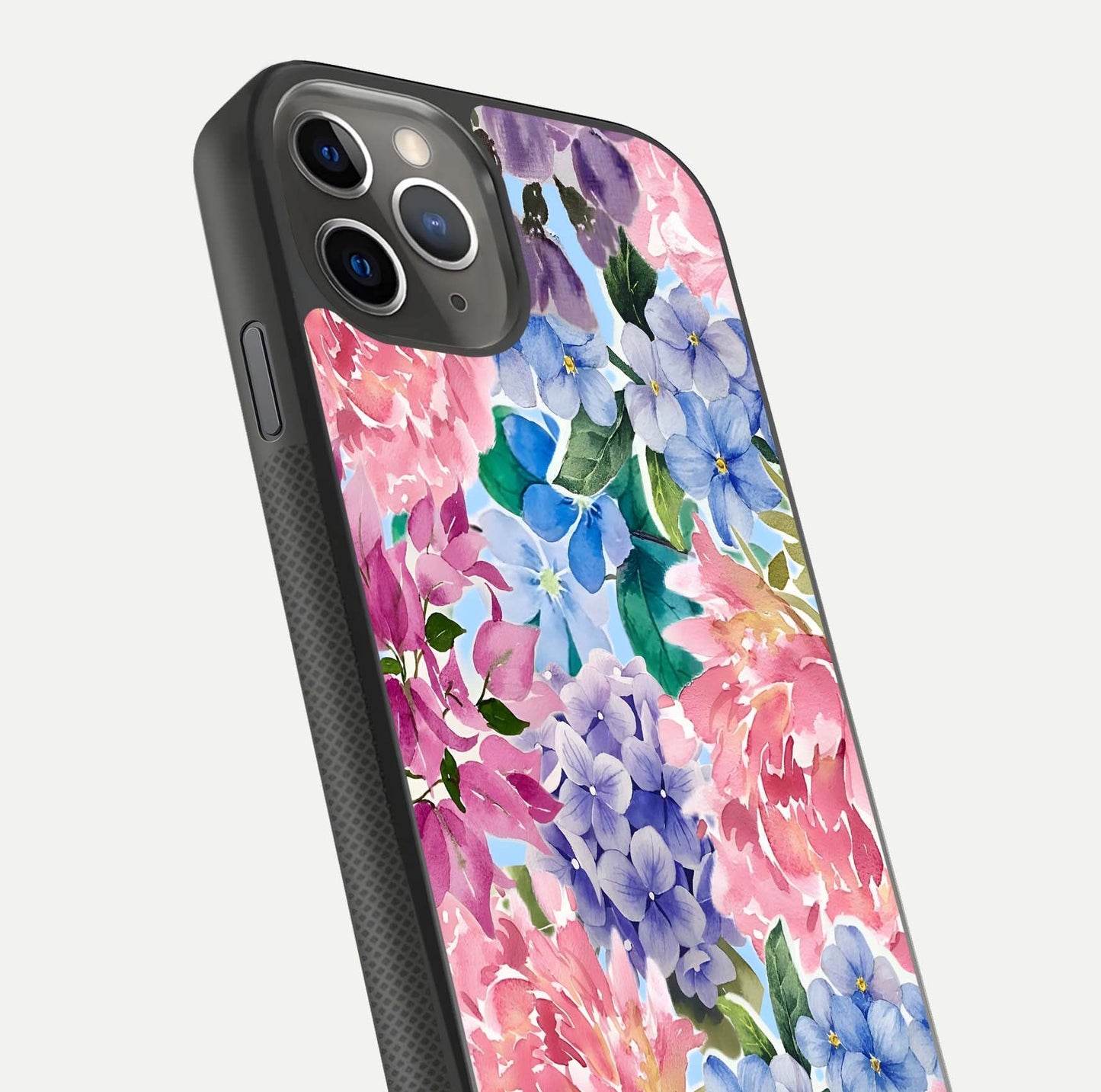 Pastel Floral Mix Glass Case for iPhone 11 Pro Max side-angle image showing reflection and delicate pastel hues