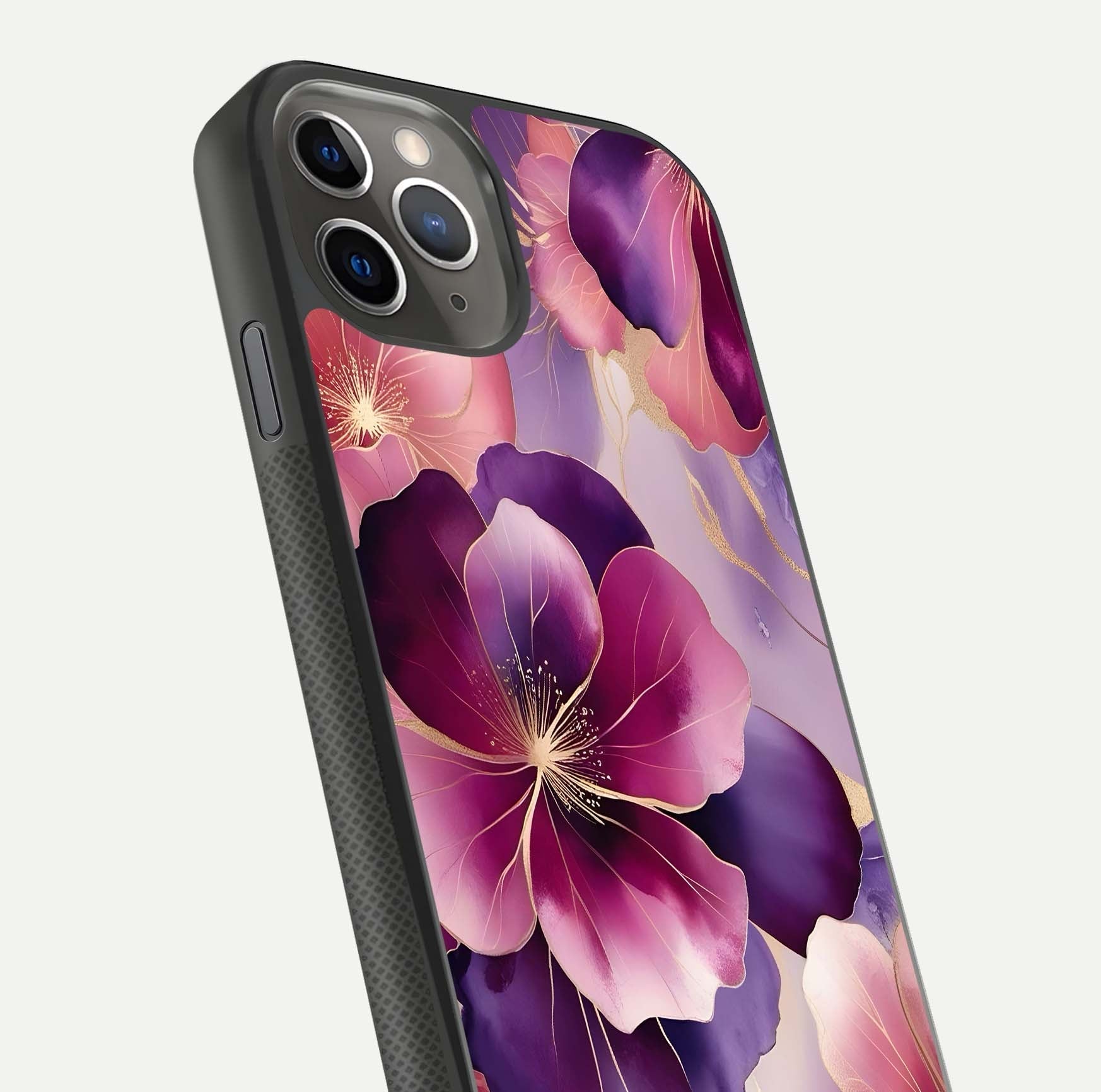 Pink Bouquet Florals Glass Case for iPhone 11 Pro Max side-angle image showing floral texture and reflection clarity