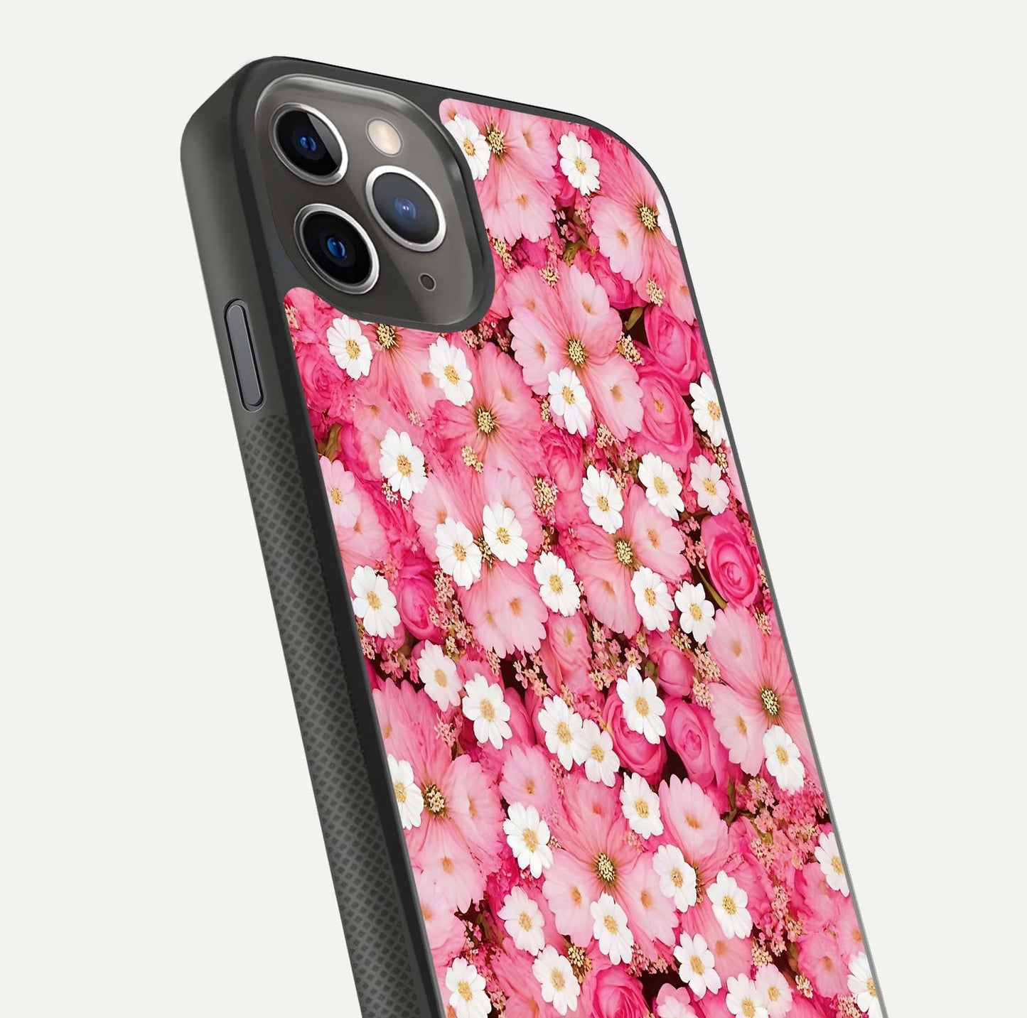 Pink Daisy Bliss Glass Case for iPhone 11 Pro Max side-angle image showing delicate daisy pattern and glass reflection