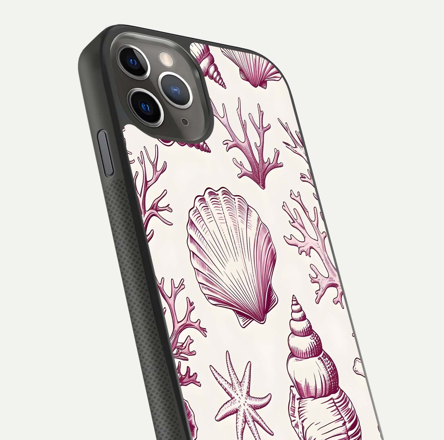 Pink Shells Outline Glass Case for iPhone 11 Pro Max side-angle image showing shine and intricate outline texture