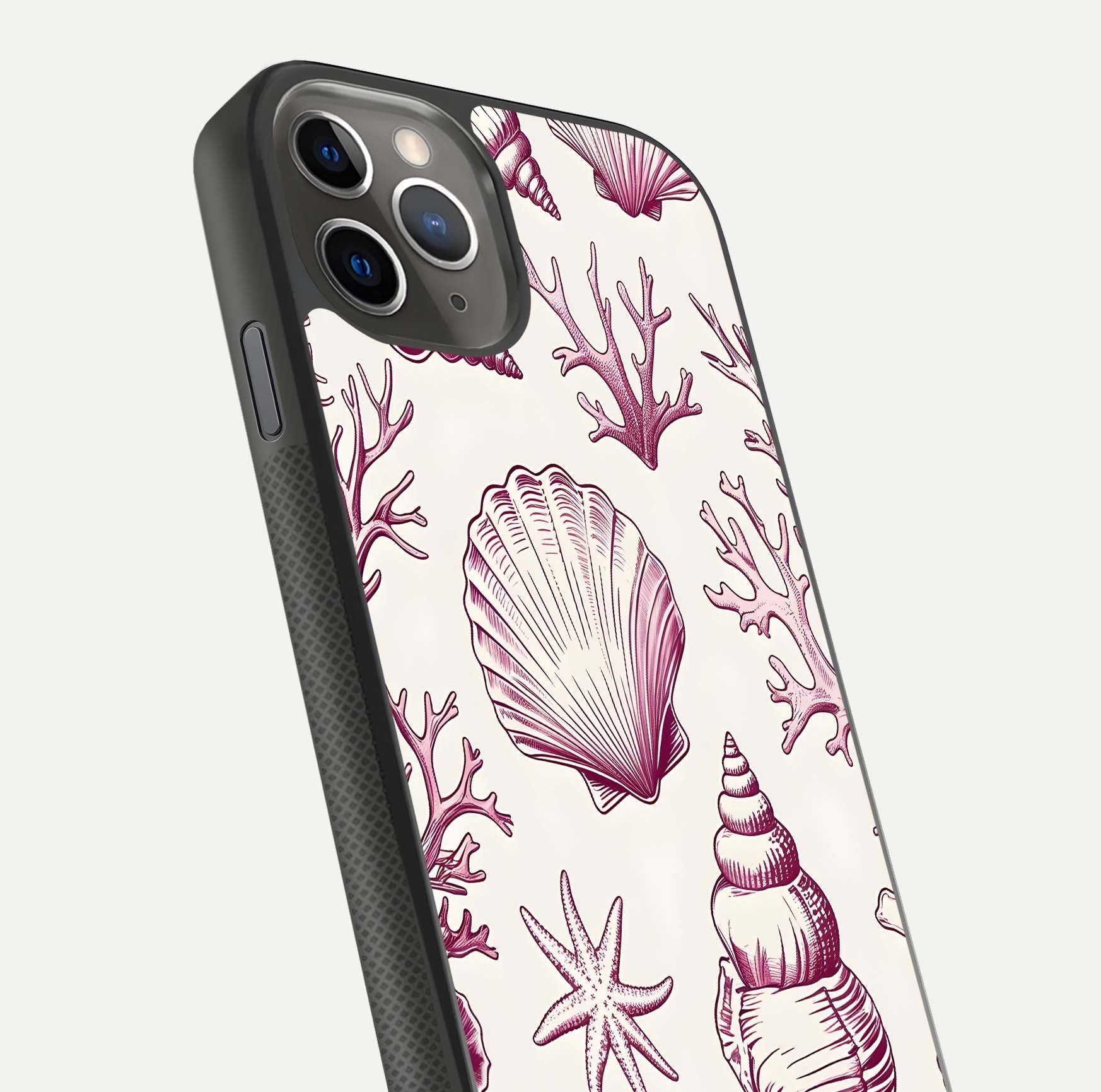 Pink Shells Outline Glass Case for iPhone 11 Pro Max side-angle image showing shine and intricate outline texture