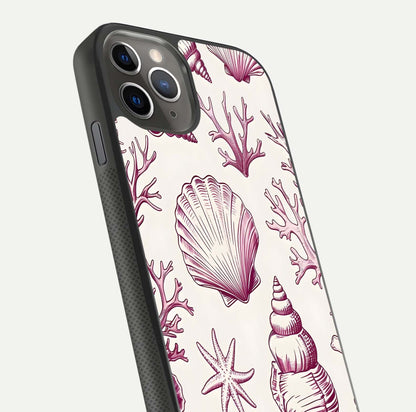 Pink Shells Outline Glass Case for iPhone 11 Pro Max side-angle image showing shine and intricate outline texture