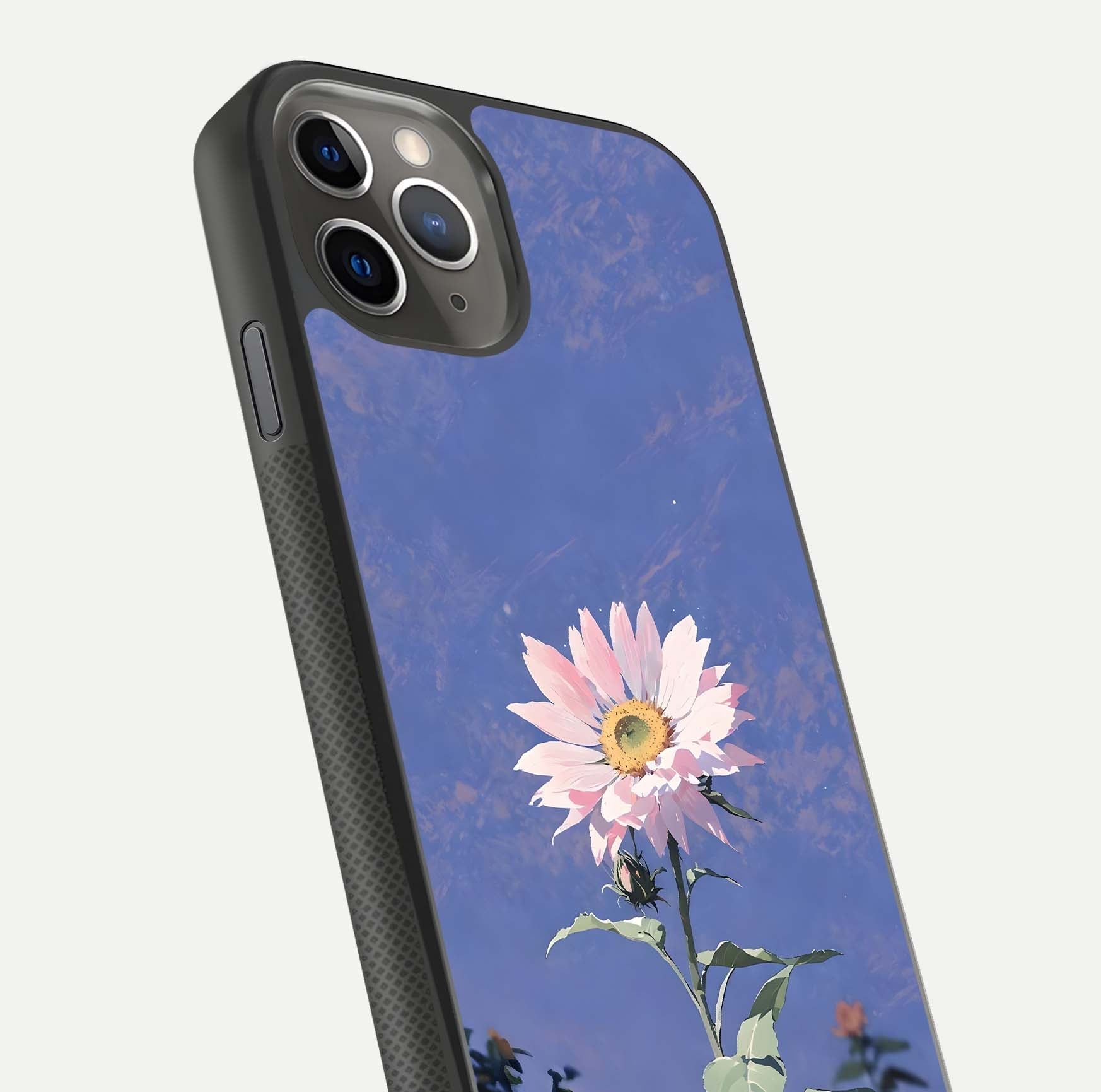 Pink Sunflower Glow Glass Case for iPhone 11 Pro Max side-angle image showing glossy edges and vivid sunflower tones