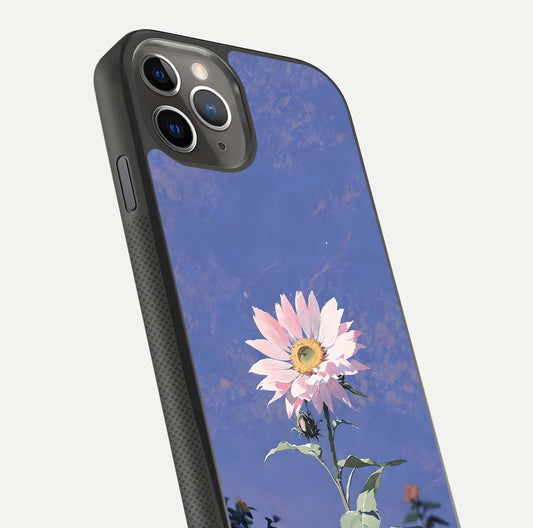 Pink Sunflower Glow Glass Case for iPhone 11 Pro Max side-angle image showing glossy edges and vivid sunflower tones