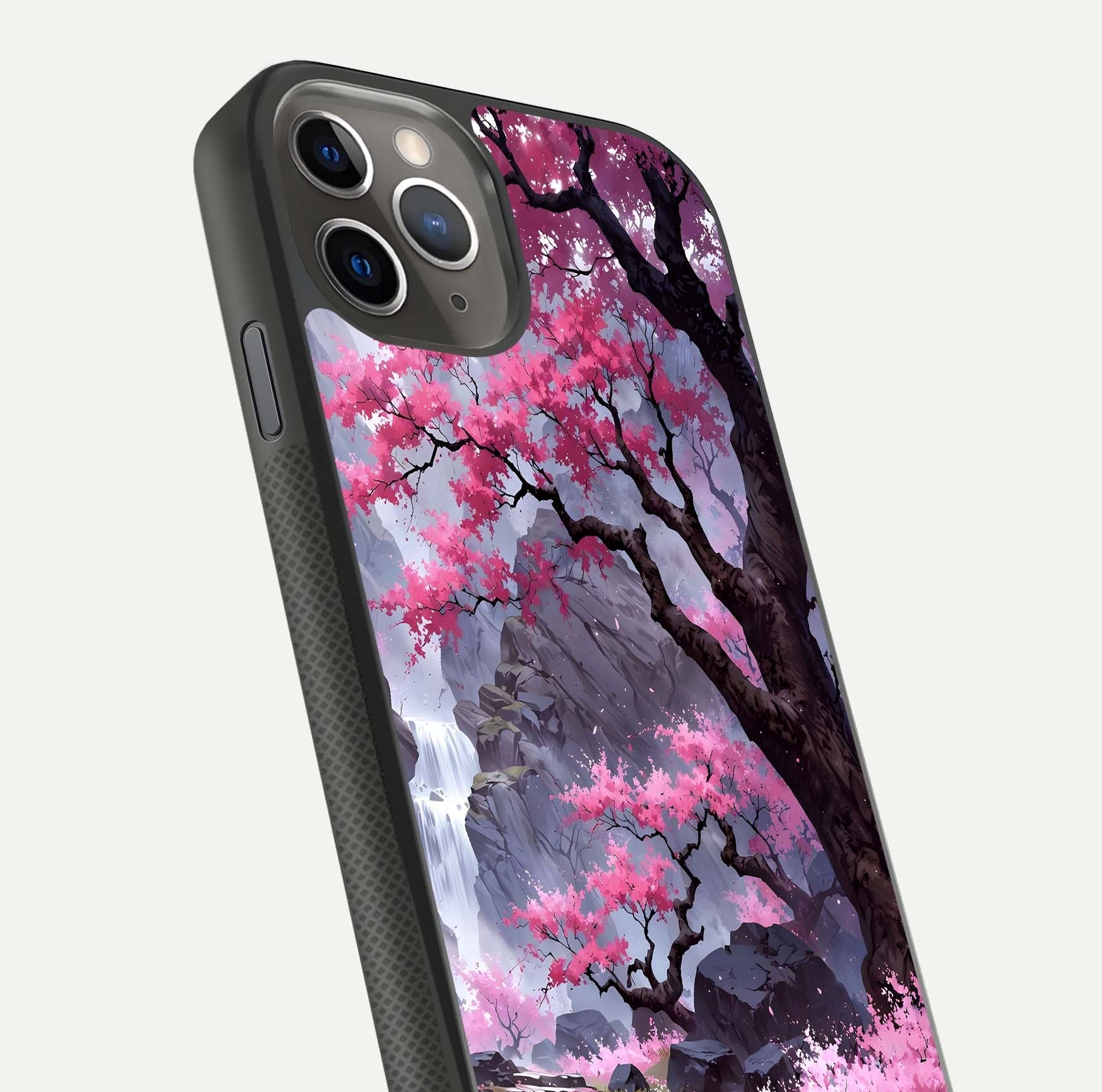 Pinkish Scenery Glass Case for iPhone 11 Pro Max side-angle image showing depth, gloss, and scenic details