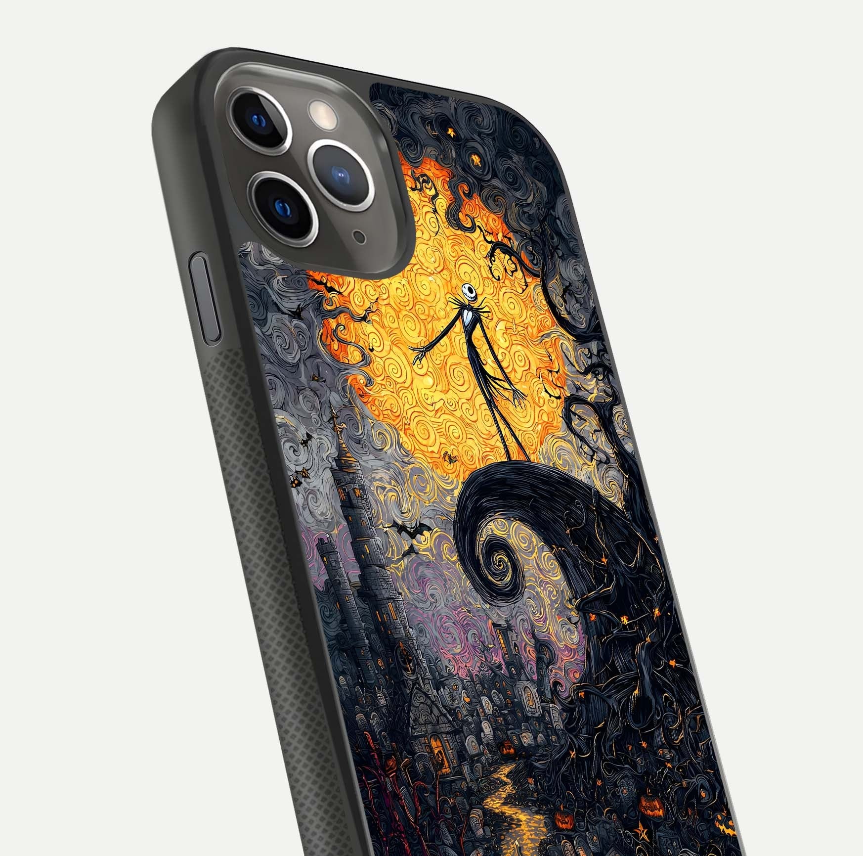 Pumpkin Moon Night Glass Case for iPhone 11 Pro Max side-angle image showing reflection depth and pumpkin pattern