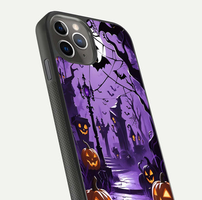 Pumpkin Patch Halloween Glass Case for iPhone 11 Pro Max side-angle image showing shine, camera cutout, and spooky art