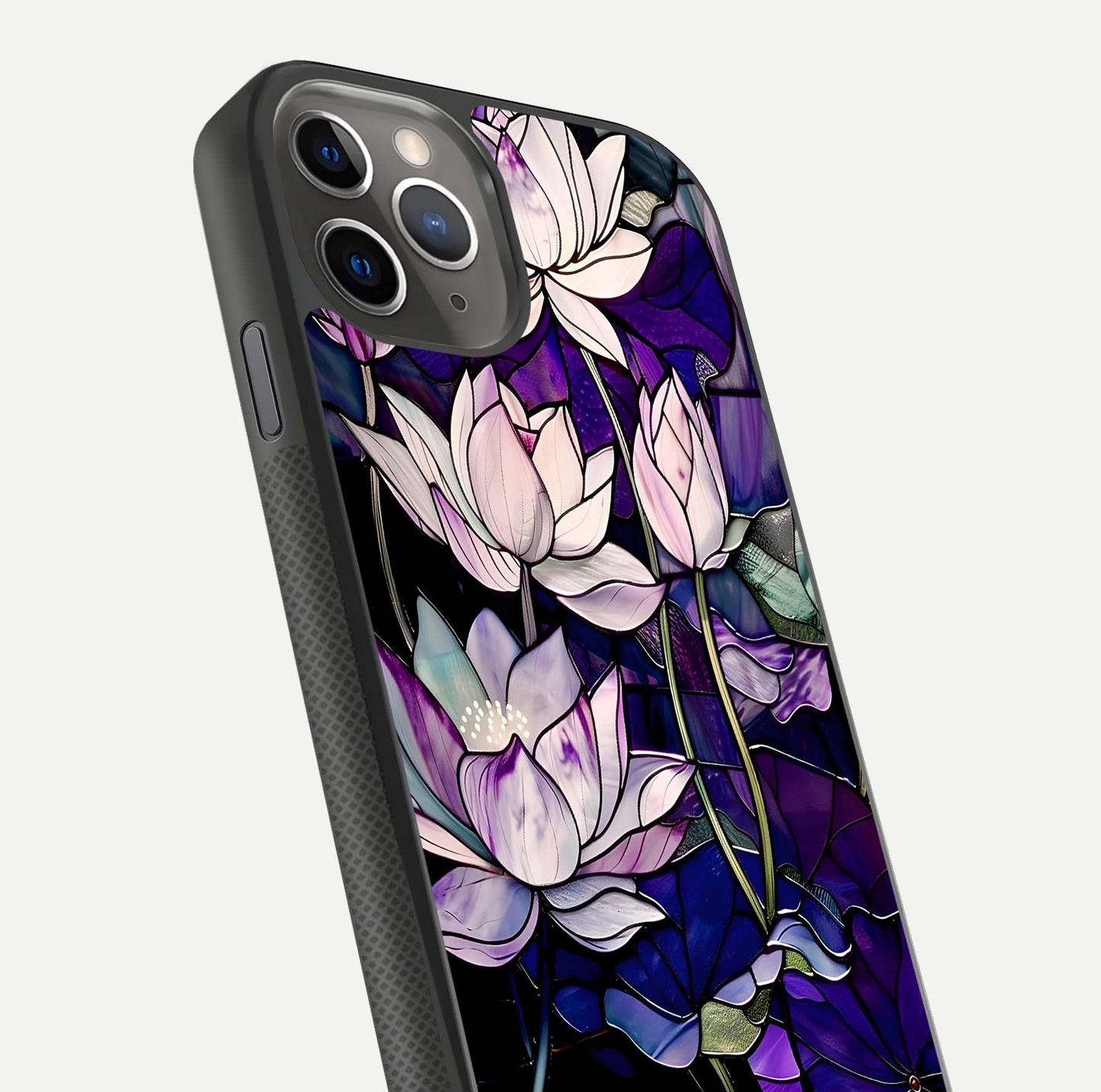Purple Lotus Pattern Glass Case for iPhone 11 Pro Max side-angle image showing reflection depth and lotus detail