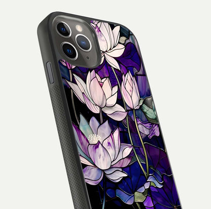 Purple Lotus Pattern Glass Case for iPhone 11 Pro Max side-angle image showing reflection depth and lotus detail