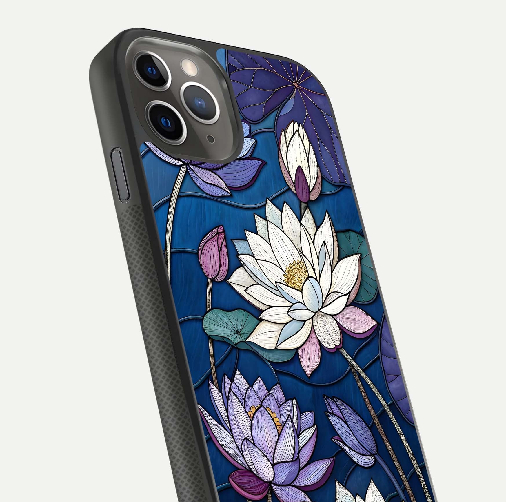 Purple Lotus Stained Glass Case for iPhone 11 Pro Max side-angle image showing gloss, reflection, and intricate detailing