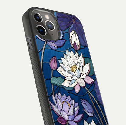 Purple Lotus Stained Glass Case for iPhone 11 Pro Max side-angle image showing gloss, reflection, and intricate detailing