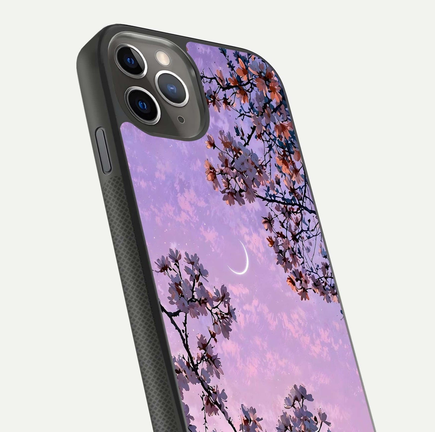 Purple Serenity Moon Glass Case for iPhone 11 Pro Max side-angle image showing reflection and lunar art precision