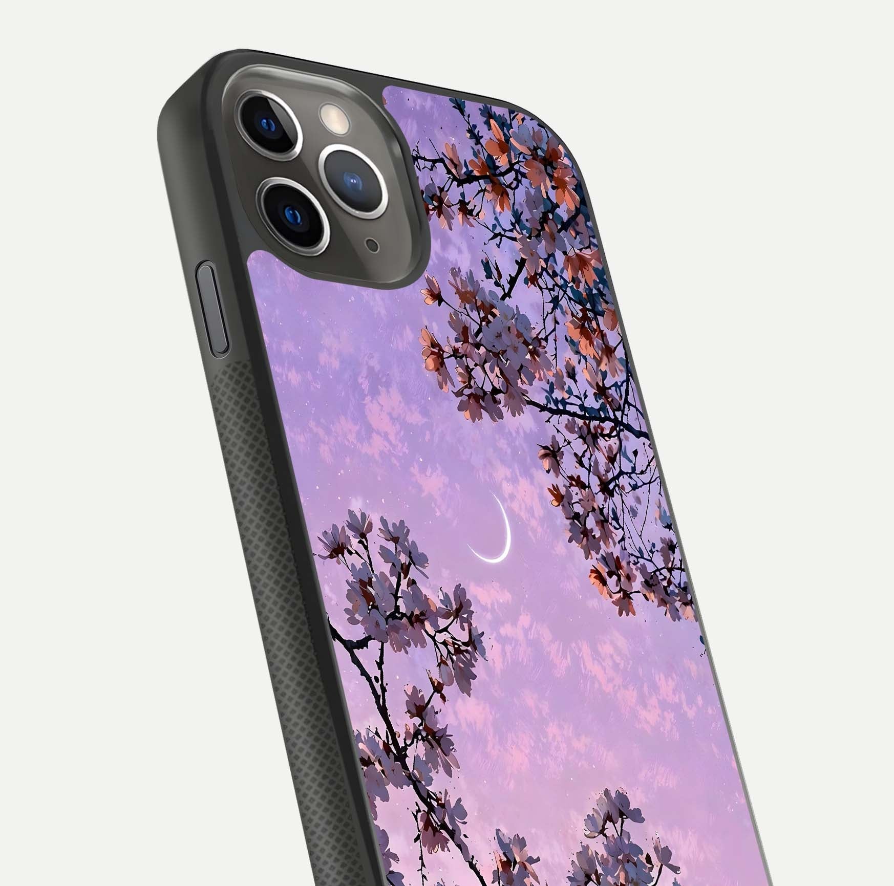 Purple Serenity Moon Glass Case for iPhone 11 Pro Max side-angle image showing reflection and lunar art precision