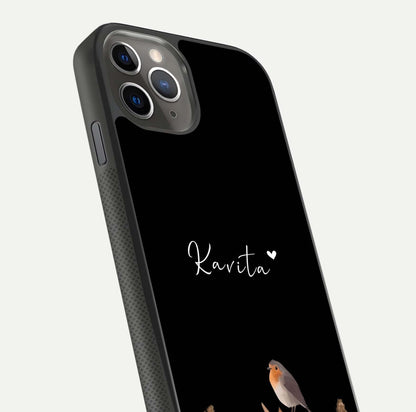 Quiet Garden Tune Custom Name Glass Case for iPhone 11 Pro Max side-angle image showing reflection and floral design