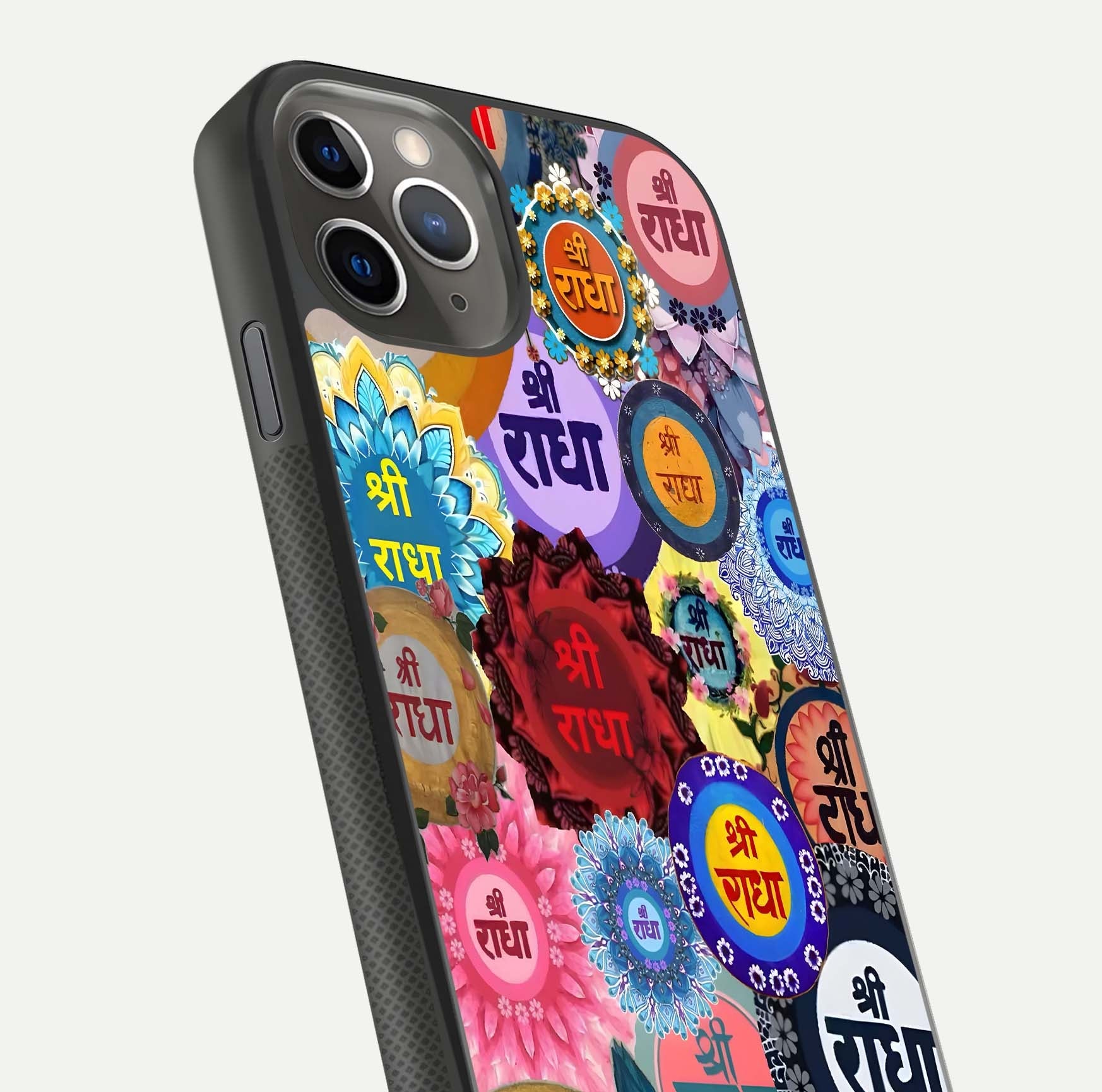 Radha Divine Bloom Glass Case for iPhone 11 Pro Max side-angle image showing shine, reflection, and floral motif