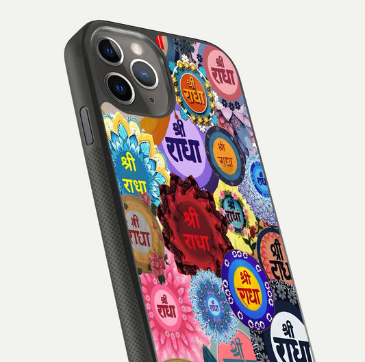 Radha Divine Bloom Glass Case for iPhone 11 Pro Max side-angle image showing shine, reflection, and floral motif