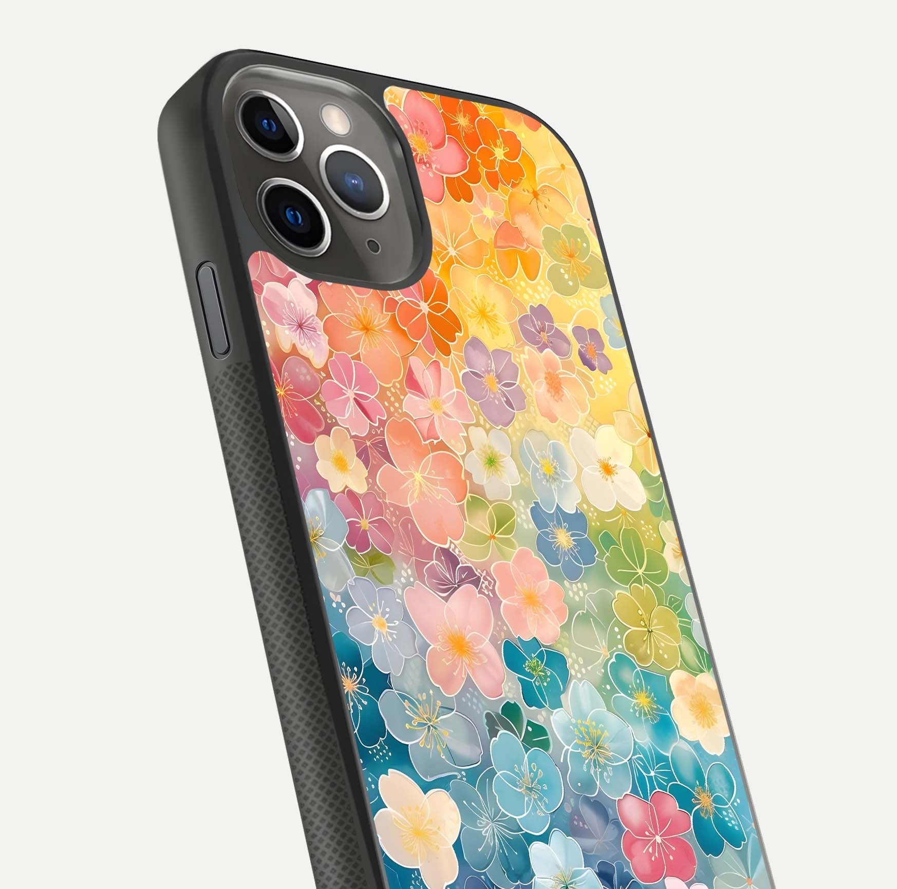 Rainbow Blossom Burst Glass Case for iPhone 11 Pro Max side-angle image showing reflection and floral burst detail