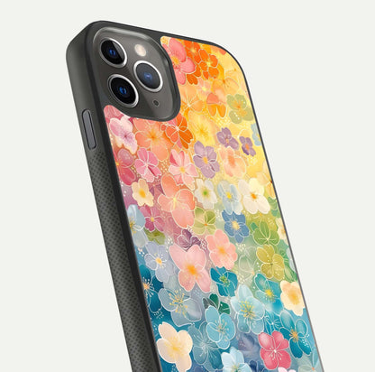 Rainbow Blossom Burst Glass Case for iPhone 11 Pro Max side-angle image showing reflection and floral burst detail