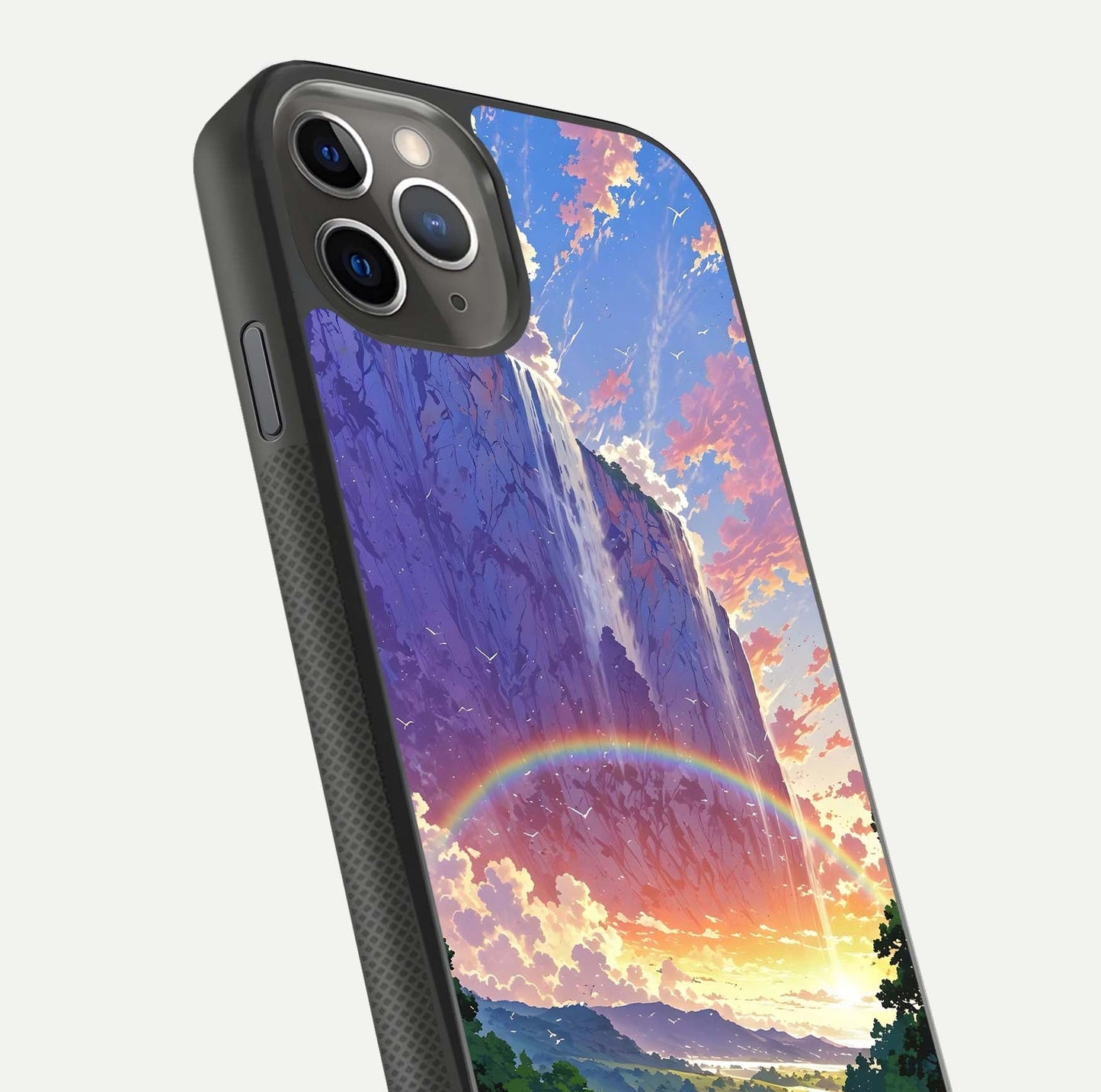 Rainbow Valley Dream Glass Case for iPhone 16 Pro side-angle image showing light reflection and scenic tones