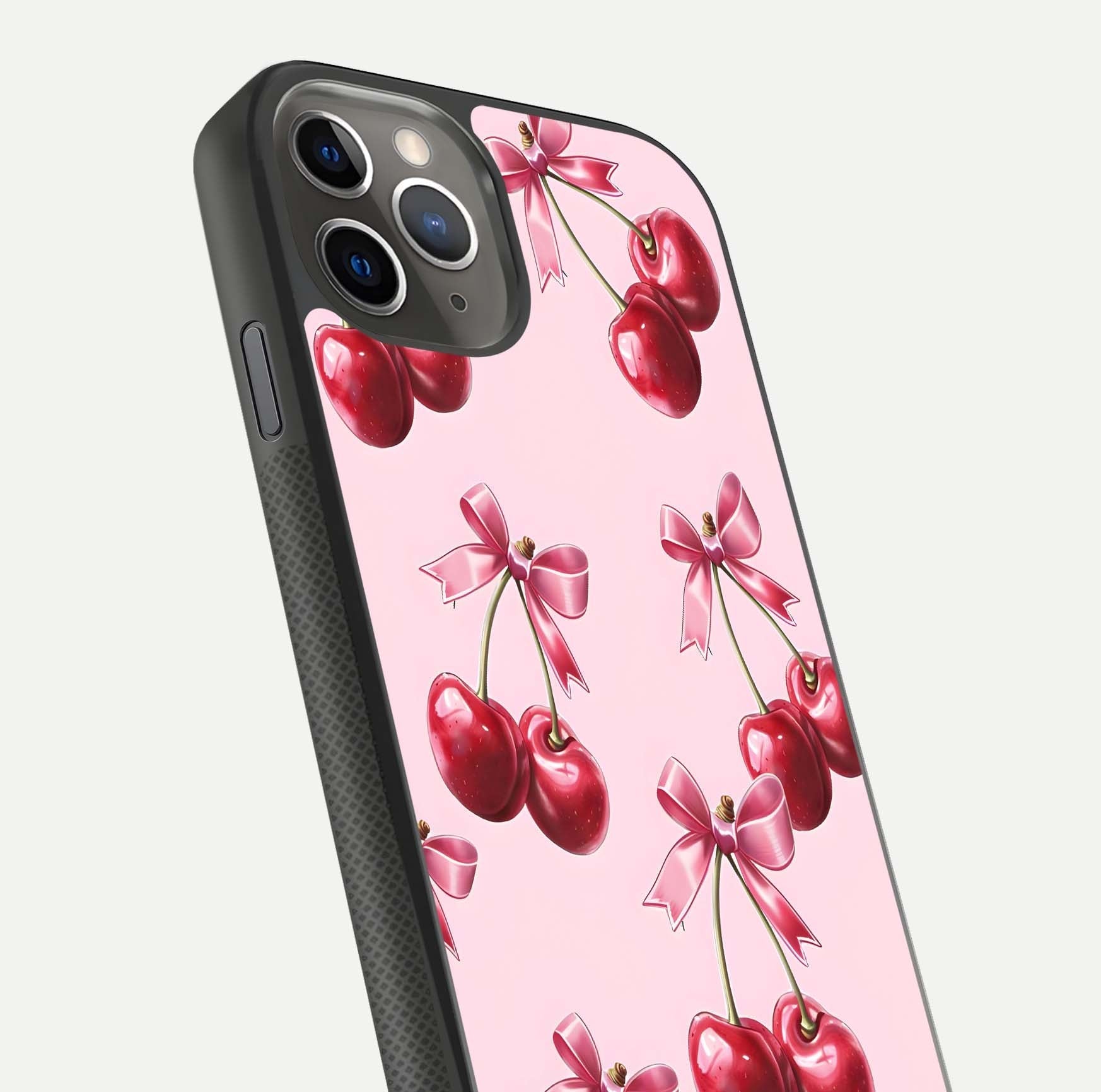 Red Cherries Pattern Glass Case for iPhone 11 Pro Max side-angle image showing gloss surface and cherry details