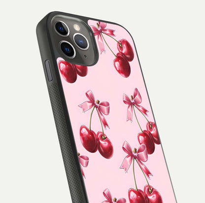 Red Cherries Pattern Glass Case for iPhone 11 Pro Max side-angle image showing gloss surface and cherry details