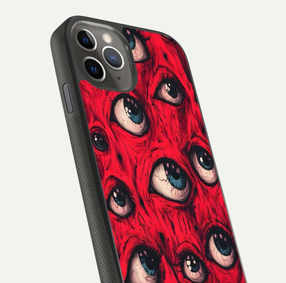 Red Eyes Pattern Glass Case for iPhone 11 Pro Max side-angle image showing shine, detail, and red tone clarity