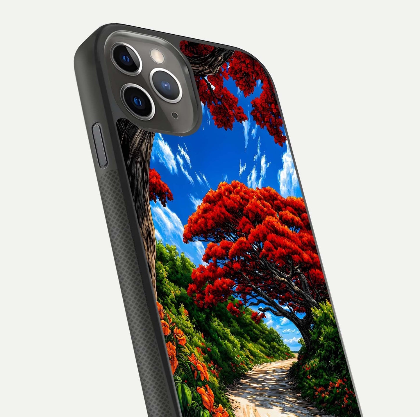 Red Trees Pathway Glass Case for iPhone 11 Pro Max side-angle image showing reflection and autumn vibe
