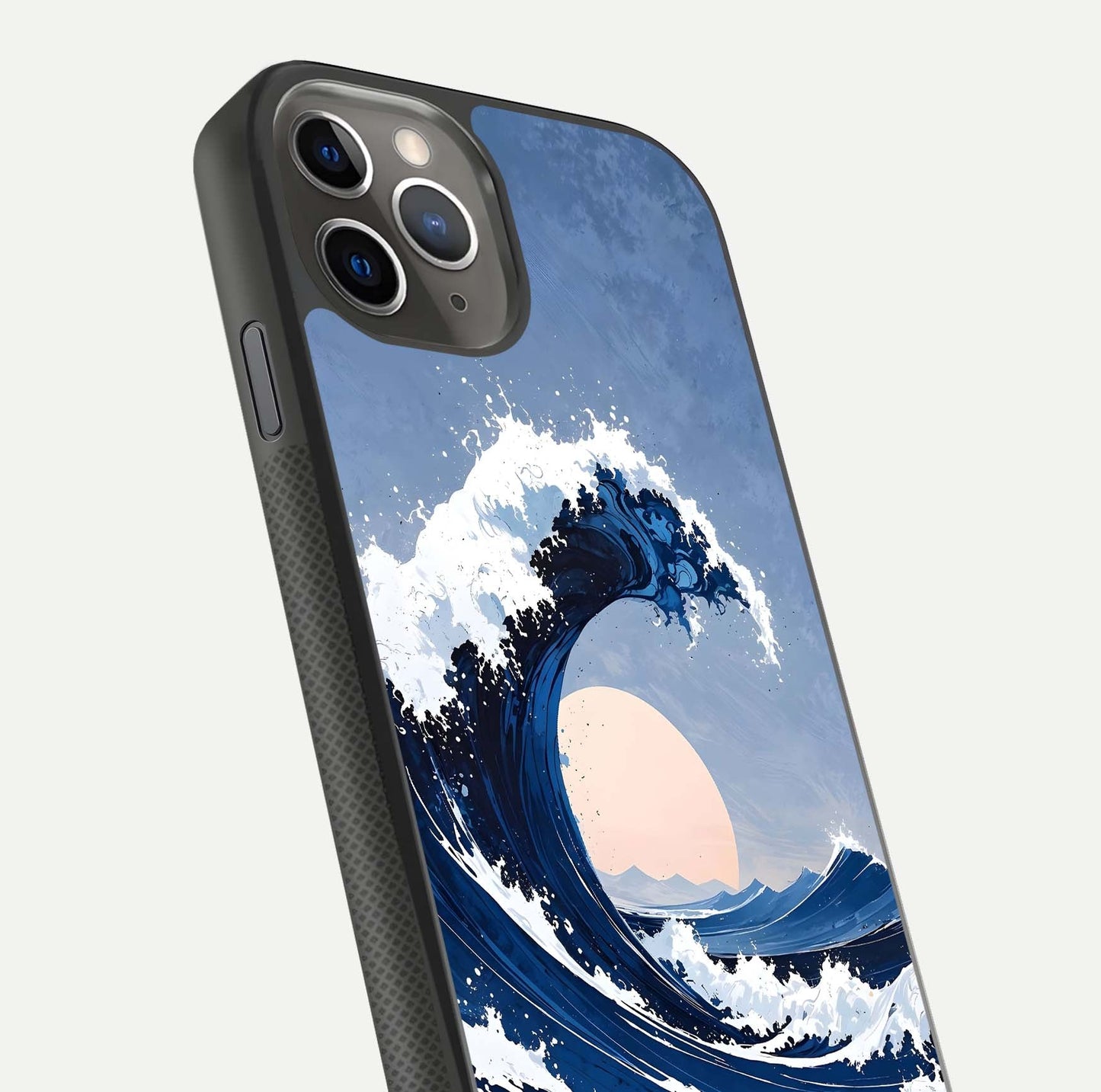 Rising Tide Power Glass Case for iPhone 11 Pro Max side-angle image showing shine and detailed ocean art