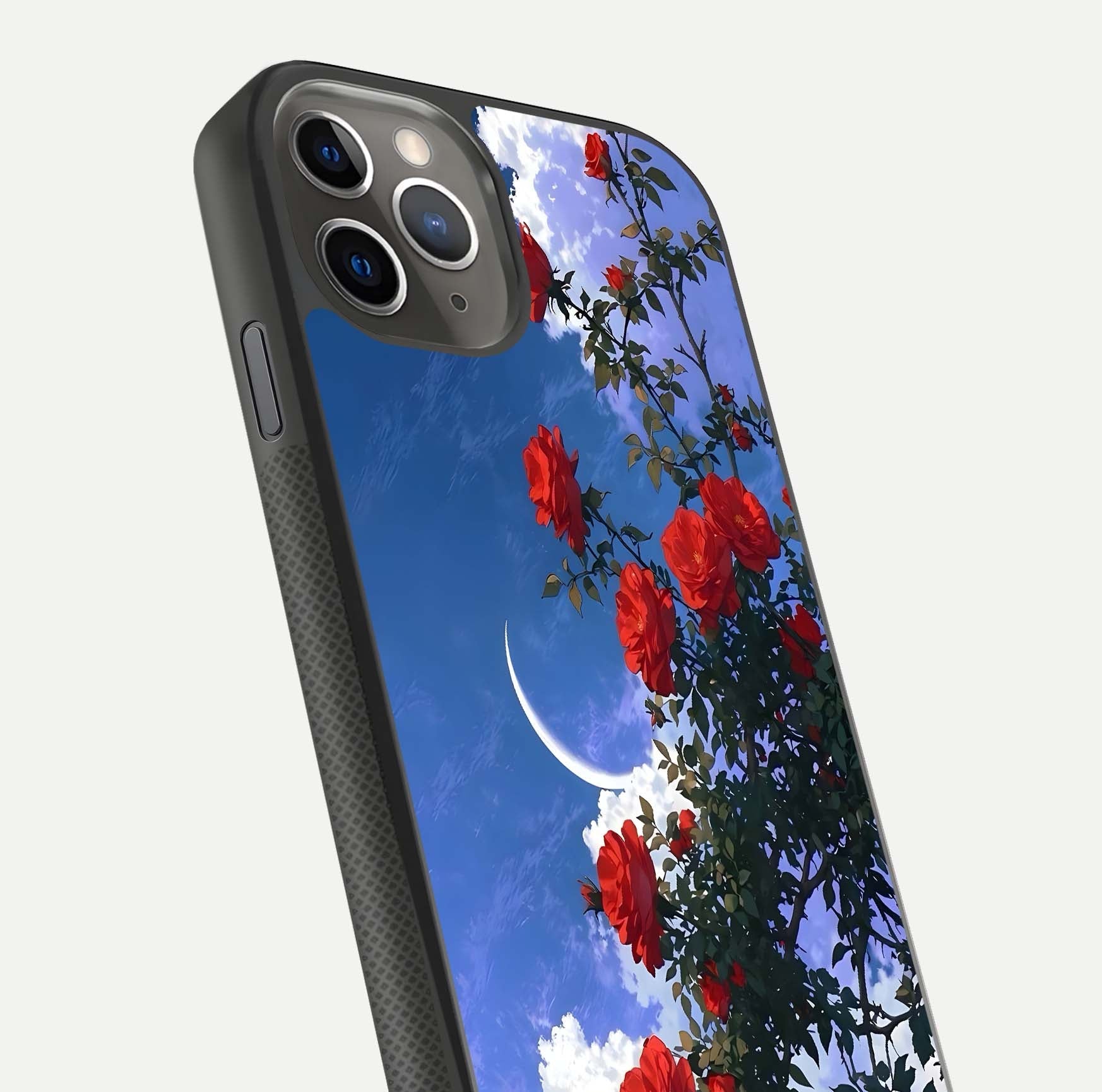 Rose Drift Flowers Glass Case for iPhone 11 Pro Max side-angle image showing reflection and petal detail