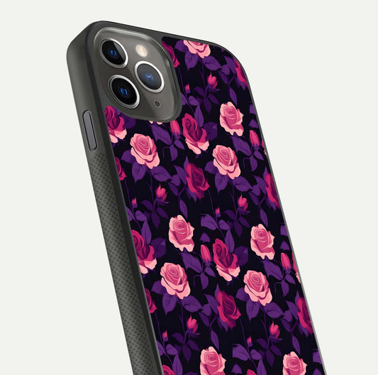 Rose Garden Twilight Glass Case for iPhone 11 Pro Max side-angle image showing reflection, gloss, and floral detail