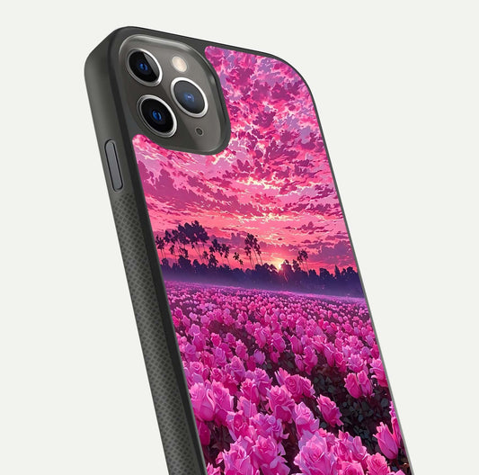 Rose Sunset Valley Glass Case for iPhone 11 Pro Max side-angle image showing smooth edges and floral glow