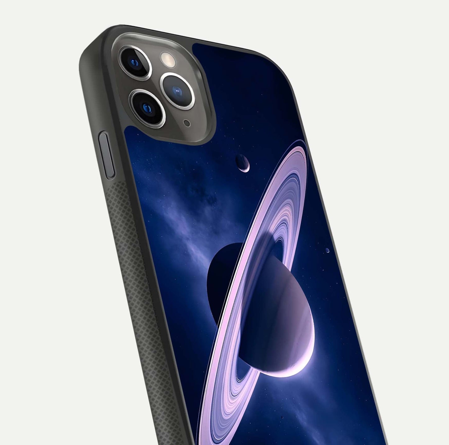 Saturn Ring Mystique Glass Case for iPhone 11 Pro Max side-angle image showing shine and galaxy ring focus