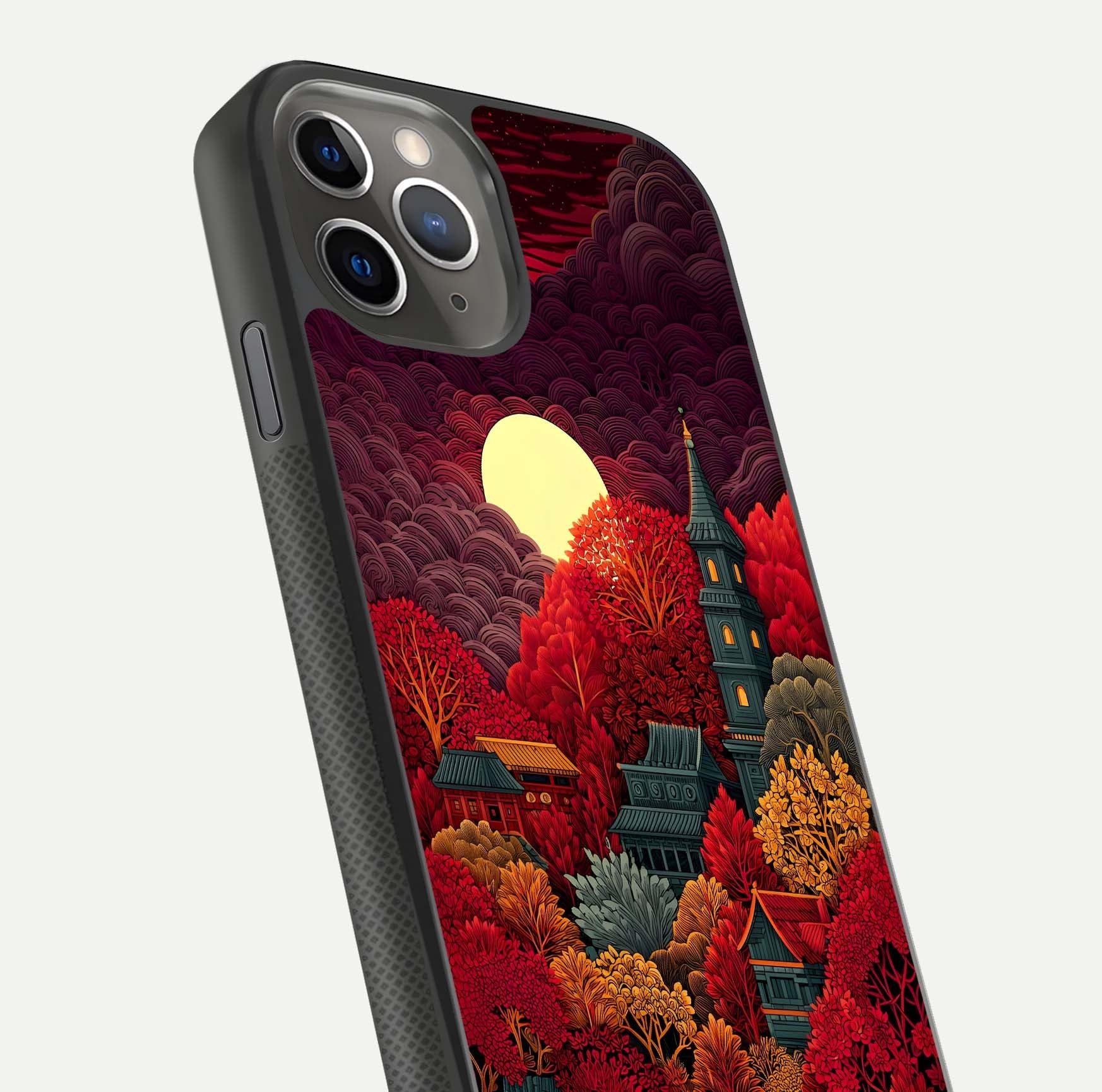 Scarlet Autumn Temple Glass Case for iPhone 11 Pro Max side-angle image showing color depth and reflection clarity
