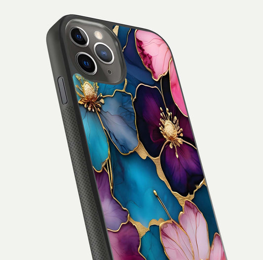 Sparkle Floral Glass Case for iPhone 11 Pro Max side-angle image showing reflection, gloss, and floral texture