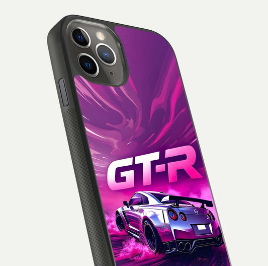Speed Drift Legend Glass Case for iPhone 11 Pro Max side-angle image showing car print reflection and surface gloss