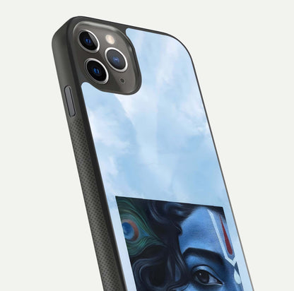 Spiritual Krishna Glass Case for iPhone 16 Pro side-angle image showing reflection and vivid artwork clarity