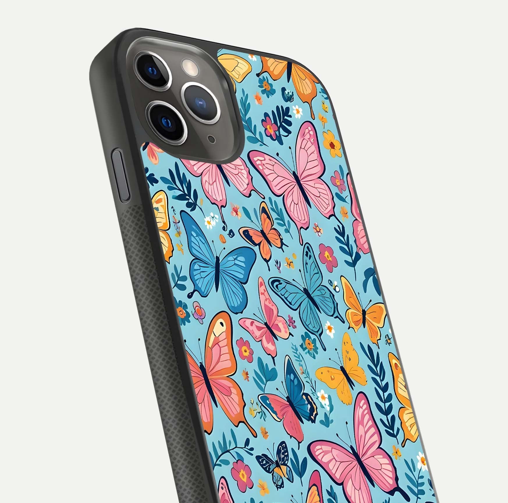 Spring Wing Garden Glass Case for iPhone 11 Pro Max side-angle image showing shine, color, and pattern depth