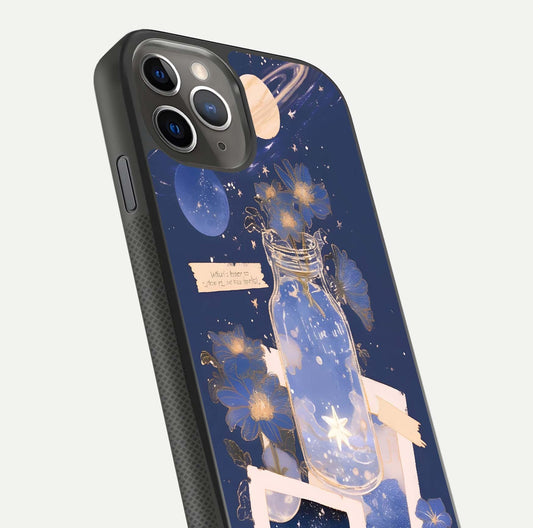 Starlit Cosmic Jar Glass Case for iPhone 11 Pro Max side-angle image showing glow, texture, and light reflection