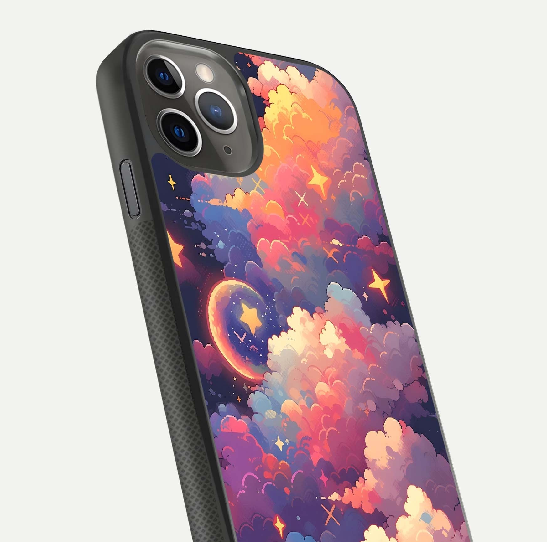 Starlit Dream Clouds Glass Case for iPhone 11 Pro Max side-angle image showing shine, reflection, and dreamy tones