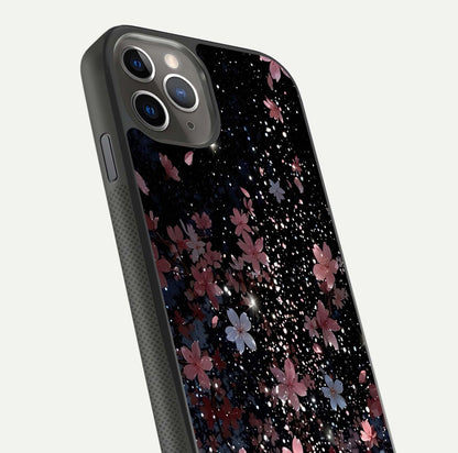 Starlit Flower Dreams Glass Case for iPhone 11 Pro Max side-angle image showing shine, edge detail, and floral contrast