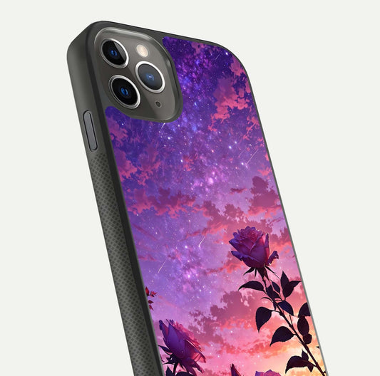 Starlit Rose Twilight Glass Case for iPhone 11 Pro Max side-angle image showing reflection and petal contrast