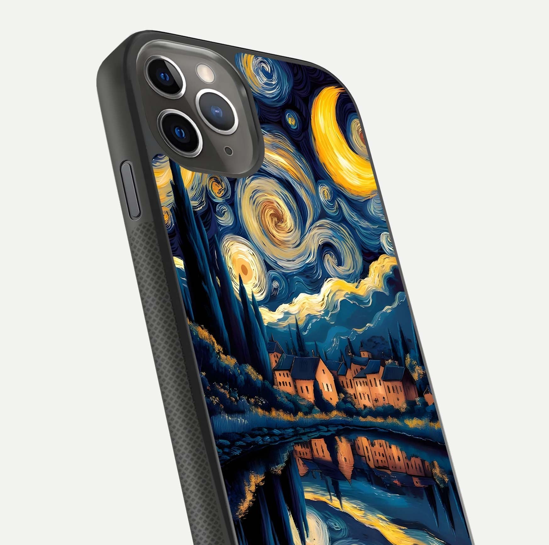 Starry Sky Serenity Glass Case for iPhone 11 Pro Max side-angle image showing reflection and night-sky detail
