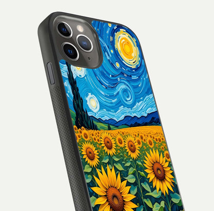 Starry Sunflower Dreams Glass Case for iPhone 11 Pro Max side-angle image showing reflection, stars, and yellow tone