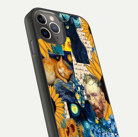Sunflower Cat Art Glass Case for iPhone 11 Pro Max side-angle image showing shine, edges, and sunflower texture