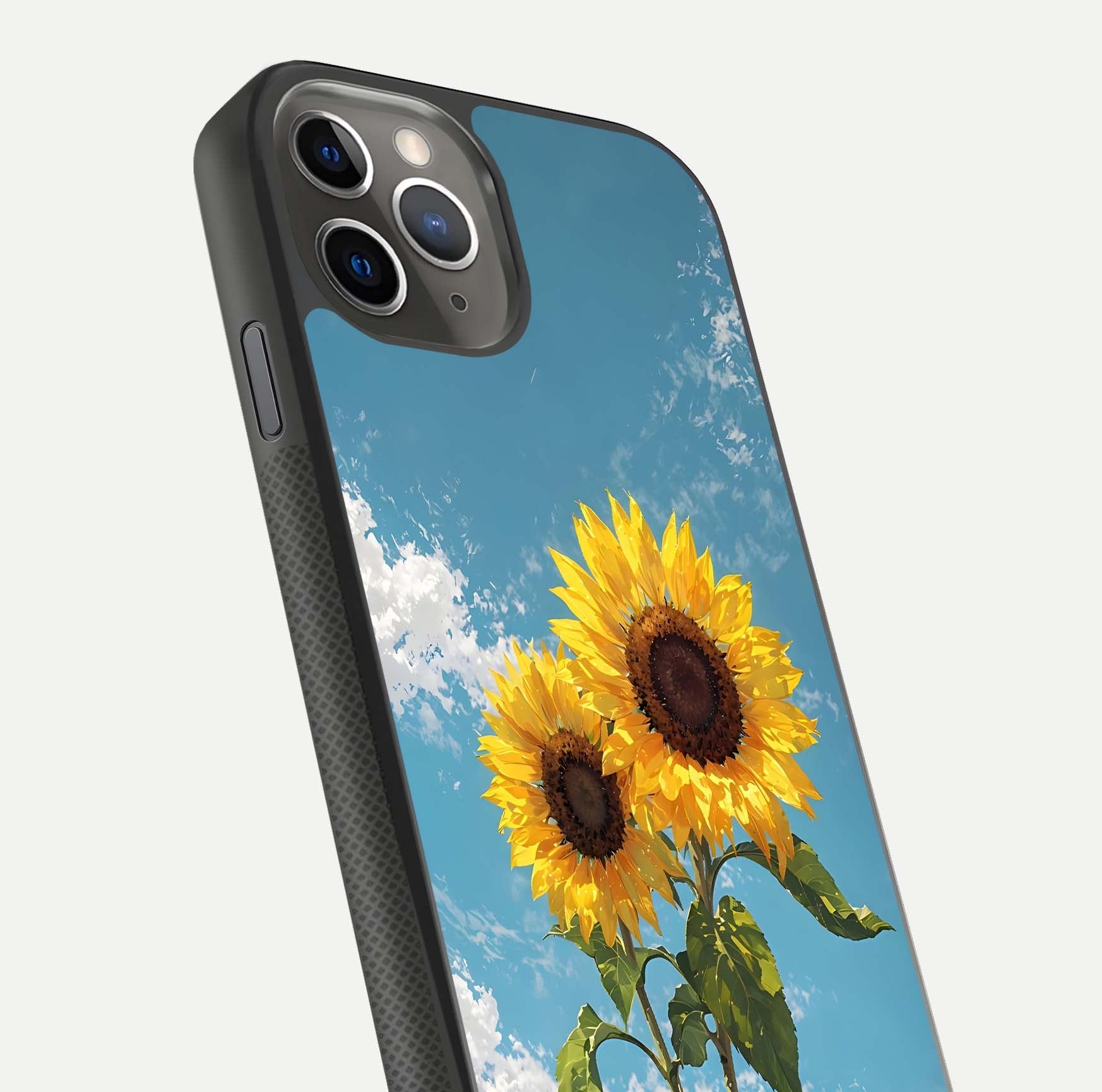 Sunflower Sky Bloom Glass Case for iPhone 11 Pro Max side-angle image showing reflection, edges, and sunflower color